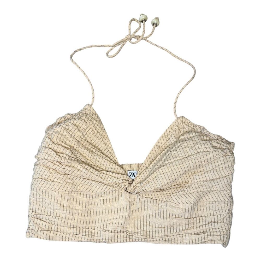 Zara Women's Beige Striped Halter Neck Cropped Tank Top Size Medium